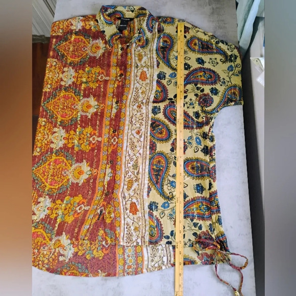 Desigual Boho Moroccan Paisley Sheer Blouse Tie Waist Tassels Button Down Large - Picture 13 of 16